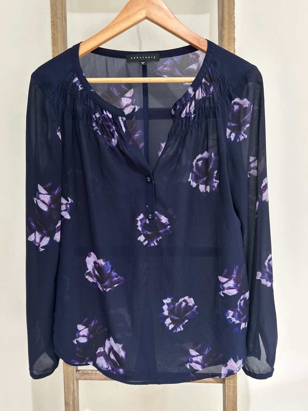 Sanctuary Floral Sheer Long-Sleeve Navy Purple Blouse Top Size L Romantic  Boho